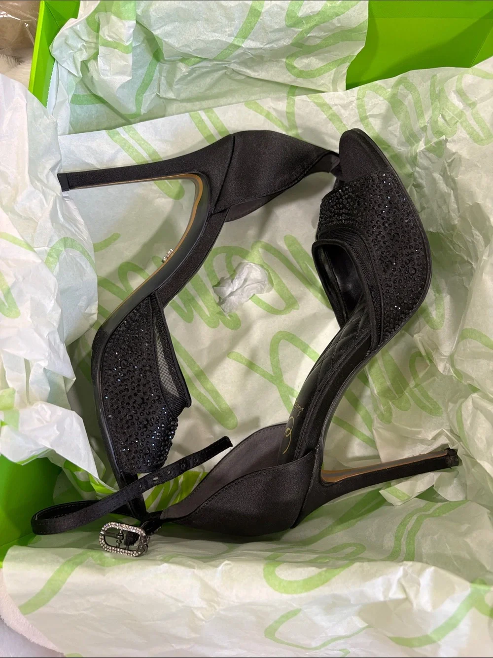 Sam Edelman Keissa Black Crystal-Embellished Ankle-Strap Heels